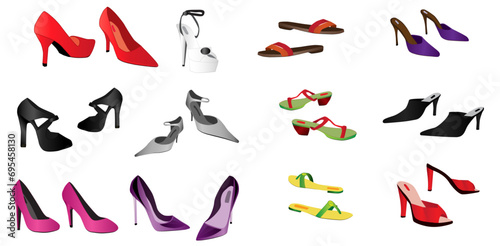 Various women's high heel shoes fashion models in various colors