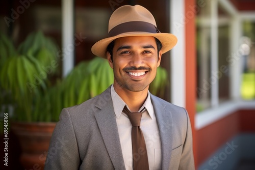 Portrait of a smiling indian man in his 30s donning a classic fedora against a stylized simple home office background. AI Generation © Markus Schröder