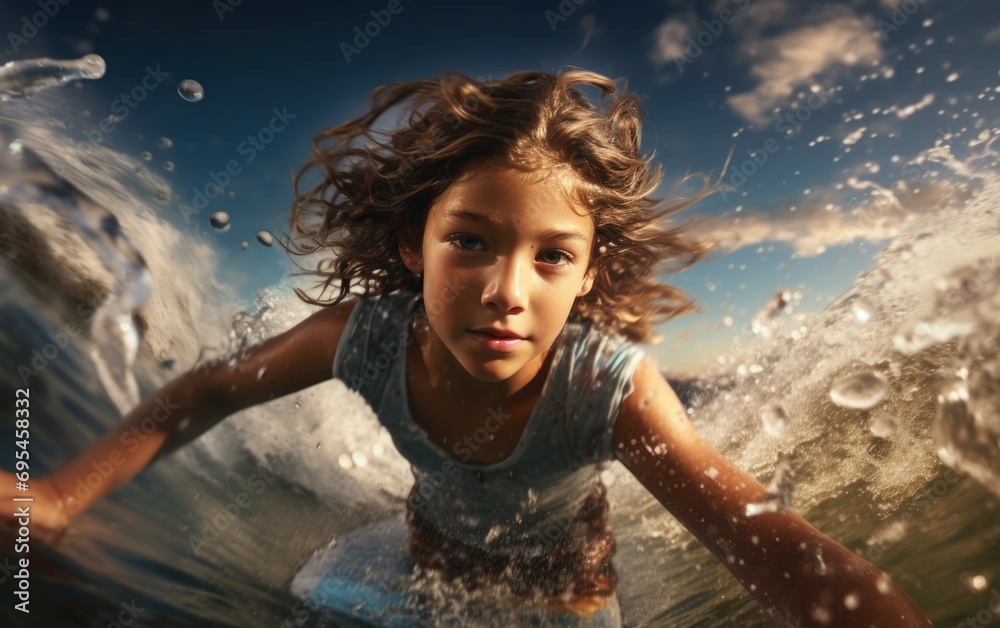 Close-up portrait photography of a kid girl surfing in the sea. kid playing on surfboard in sunshine. Portrait of a caucasian young long-haired curly girl surfer on a wave. Generative ai - obrazy, fototapety, plakaty 