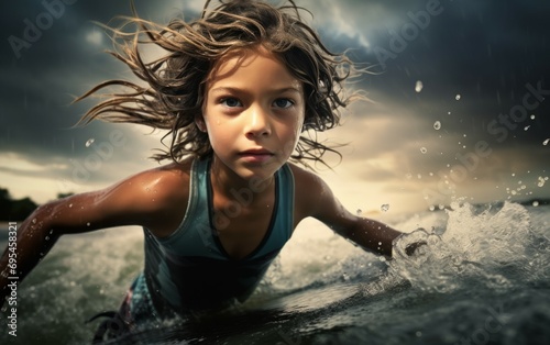 Close-up portrait photography of a kid girl surfing in the sea. kid playing on surfboard in sunshine. Portrait of a caucasian young long-haired curly girl surfer on a wave. Generative ai