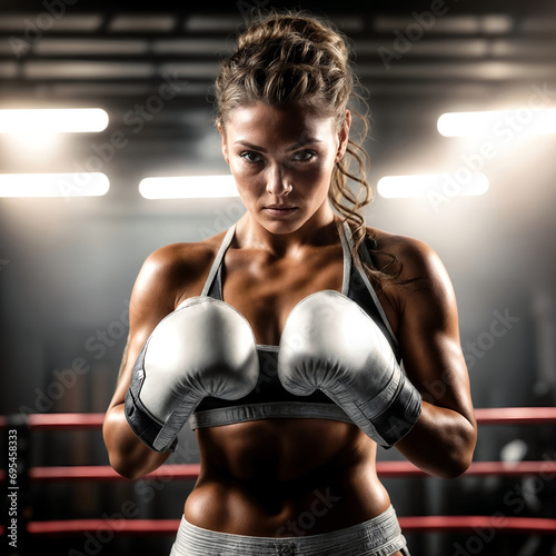 Dramatic lighting portrait of a female boxer on a boxing ring, ready to start the fight. She's wearing white leather gloves and a black and white tank top © JL stock