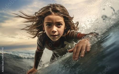 Close-up portrait photography of a kid girl surfing in the sea. kid playing on surfboard in sunshine. Portrait of a caucasian young long-haired curly girl surfer on a wave. Generative ai