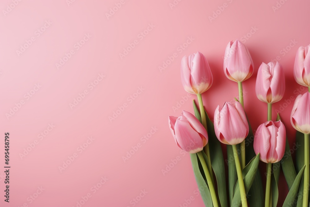 Tulip flowers flat lay isolated on pink background with copy space for mother's day. Tulip flowers flat lay isolated on pink background with copy space for mother's day.