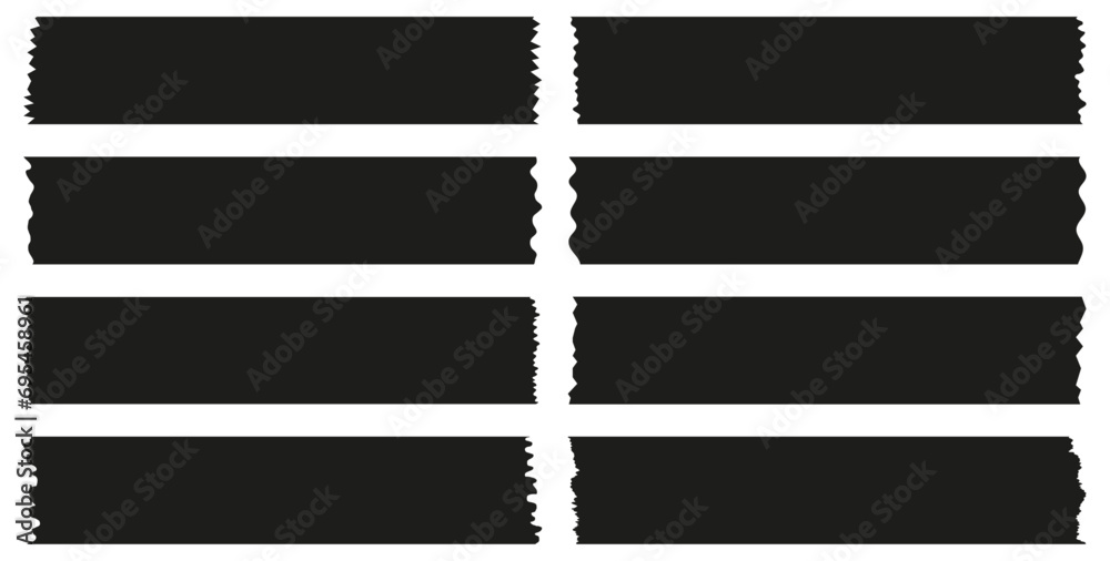 Set of black washi tapes isolated on white. Washi tapes collection in vector. Pieces of decorative tape for scrapbooks - obrazy, fototapety, plakaty 