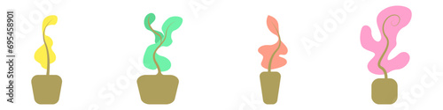 Set of abstract plants in pots. Collection of flowerpots of different shapes vector. Colored flowerpots vector. Decorative plants.