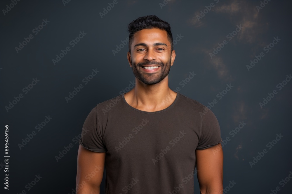 Portrait of a smiling indian man in his 30s donning a trendy cropped top against a plain cyclorama studio wall. AI Generation Portrait of a smiling indian man in his 30s donning a trendy cropped top against a plain cyclorama studio wall. AI Generation