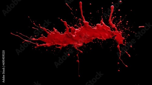 Red paint splash on black background. Blood Splatter. Splash and drops of red liquid.