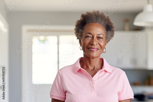 Portrait of a merry afro-american woman in her 50s wearing a breathable golf polo against a crisp minimalistic living room. AI Generation