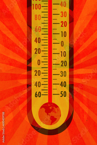 Globe in thermometer with high temperatures in North and South America photo