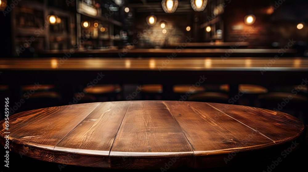 Obraz na płótnie Rustic wooden round table surface in warm luxury style cafe. Blur bokeh background with copy space for place display product. w salonie