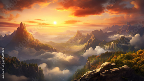 A fantastic dreamy sunrise on the pinnacle of a rocky mountain, with the sun painting the sky in warm colors 