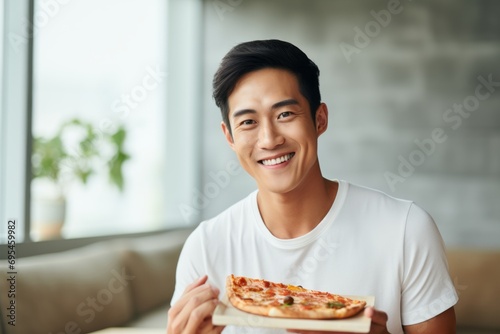 Portrait of a joyful asian man in his 20s donning a trendy cropped top against a crisp minimalistic living room. AI Generation