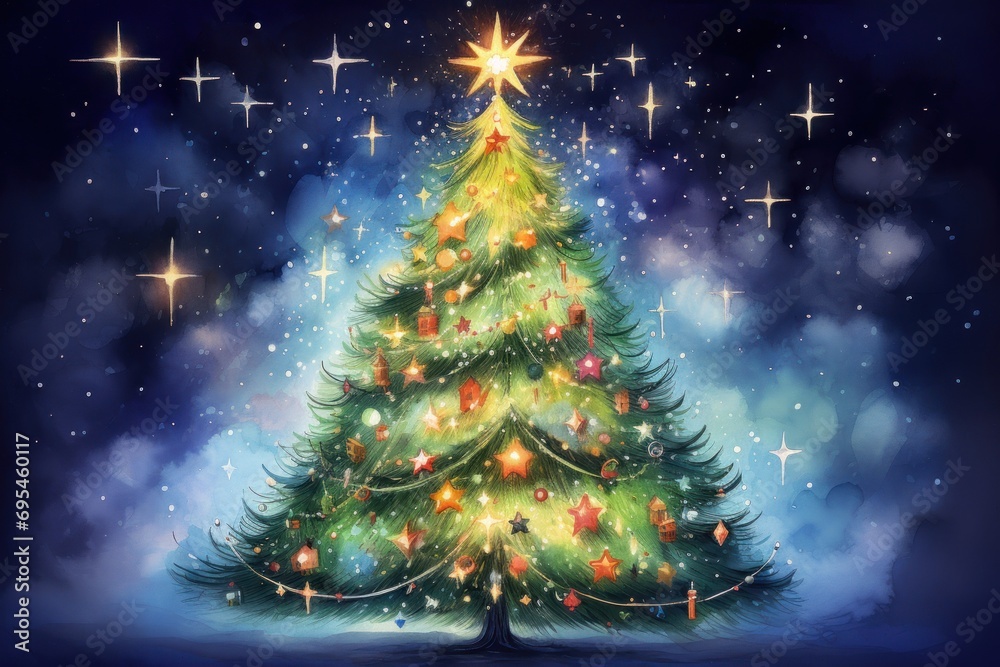 a painting of a christmas tree with a star on top of it and lights on the top of the tree and stars on the bottom of the top of the tree. a painting of a christmas tree with a star on top of it and lights on the top of the tree and stars on the bottom of the top of the tree.