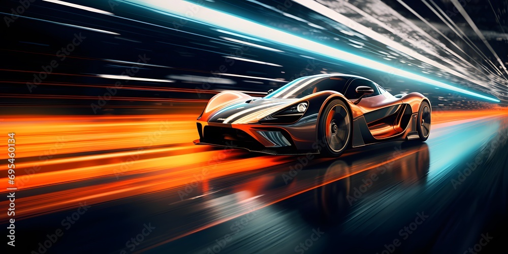 sports car with motion blur on the road.3d rendering.
