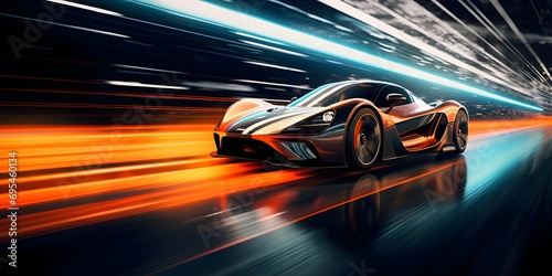 sports car with motion blur on the road.3d rendering.