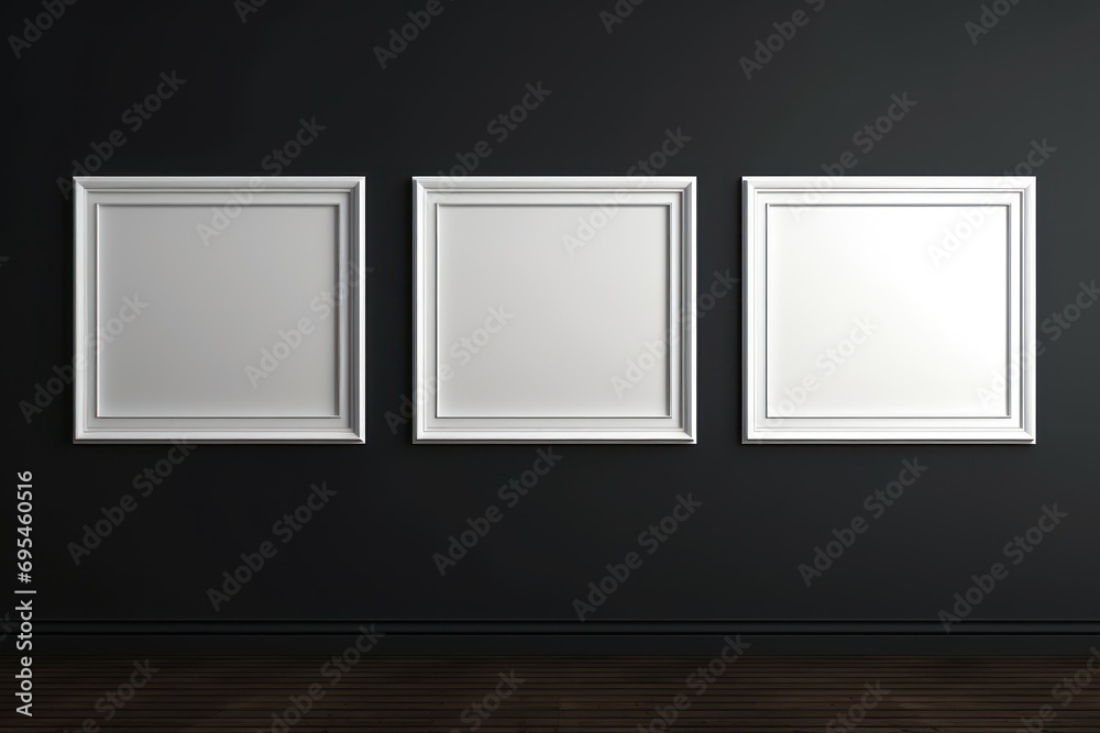 Empty white photo frame hanging on black wall Empty white photo frame hanging on black wall