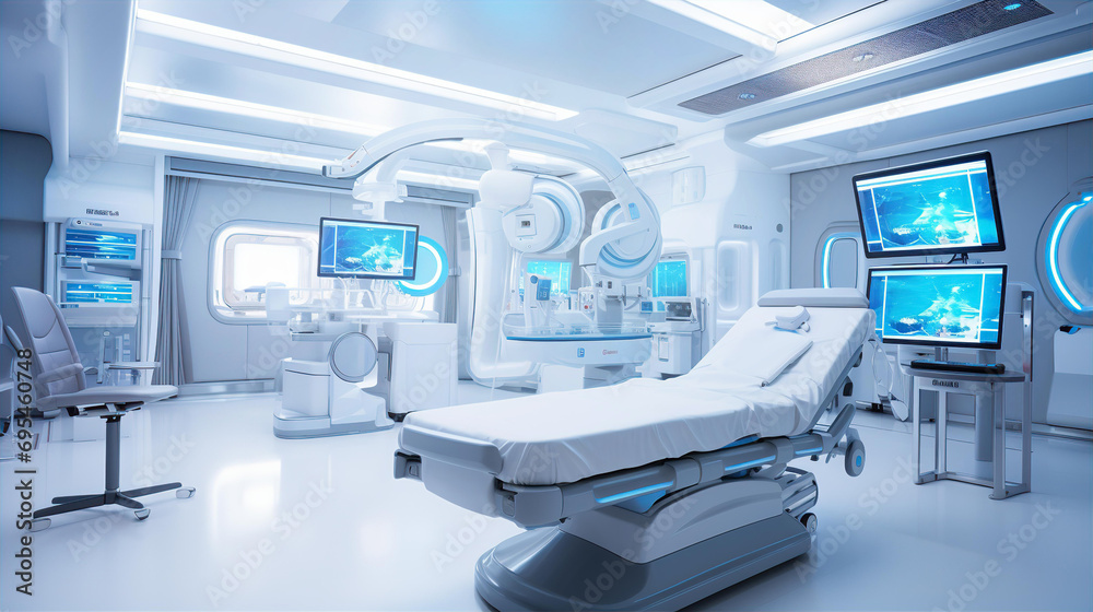 Interior of modern hospital operation room with medical equipment and monitoring screens Interior of modern hospital operation room with medical equipment and monitoring screens