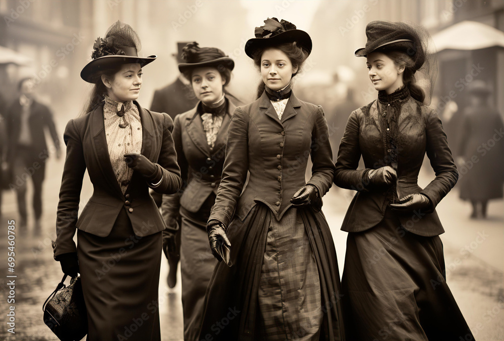 Obraz na płótnie Young European ladies of 1880th, students, friends group walking one street, vintage photo  w salonie