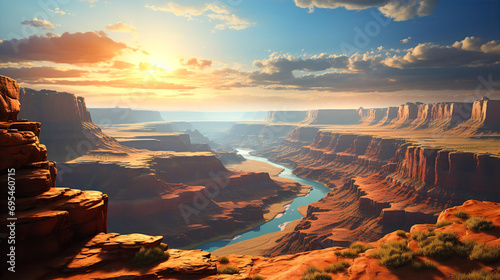 Beautiful landscape looks like Grand Canyon at sunset, with mountains and river going to horizon 