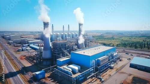 Industrial landscape, with Traditional thermal power plant  generating heat, producing steam and smog. Environmental concept photo