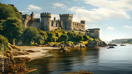 Beautiful landscape with Ruins of medieval English castle staying on rocks at the seaside