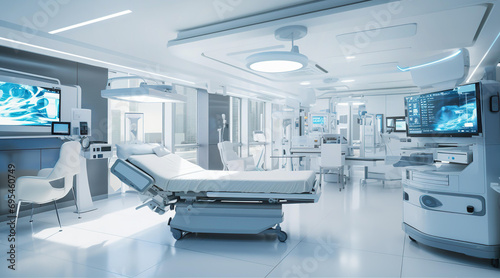 Interior of modern hospital operation room with medical equipment and monitoring screens photo