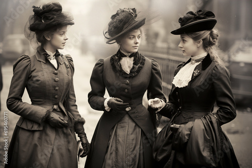 Young European ladies of 1880th, students, friends group walking one street, vintage photo 