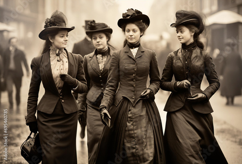 Young European ladies of 1880th, students, friends group walking one street, vintage photo  photo