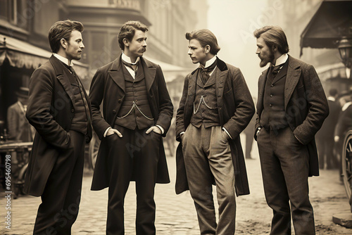 Rich English men walking on street, 1880th fashion, vintage photo photo
