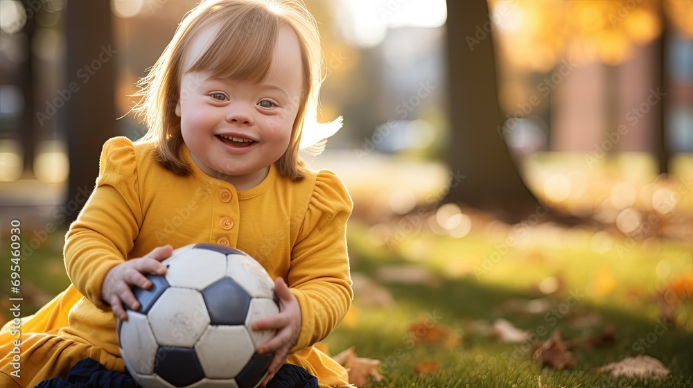 Girl with down syndrome playing ball outdoors Girl with down syndrome playing ball outdoors