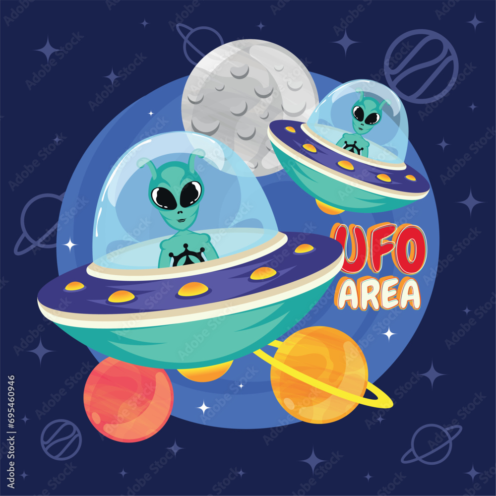 Cute cartoon alien UFO sticker Vector illustration Cute cartoon alien UFO sticker Vector illustration