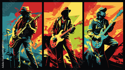 vector poster for a rock music festival, showcasing stylized illustrations of iconic rock bands and musicians, employing _flat color_ tones to capture the rock 'n' roll spirit © J.V.G. Ransika