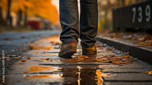 man walking on the rainy street with autumn leaves sad old shoes close up shot-- Generative Ai photo