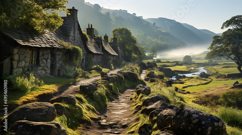 Epic Scottish landscape with stone made cottages, grey sky, mountains, river and green fields photo