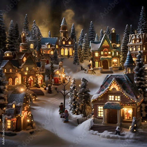 Christmas and New Year miniature village with houses and trees in snow. Holiday concept.