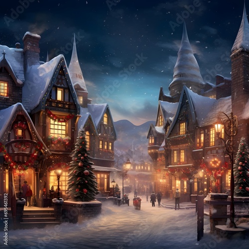 Winter night in the old town. Christmas and New Year background.