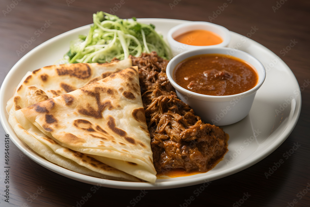 Flatbread, Roti canai with lamb curry sauce Flatbread, Roti canai with lamb curry sauce