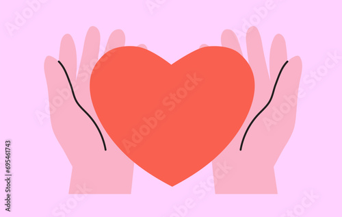 Hands hold red heart shape isolated on pink background. Vector illustration concept for Valetines day, social media like, charity or blood or organ donor. Send love or send valentines greeting card.