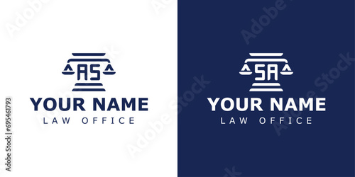Letter AS and SA Legal Logo, suitable for any business related to lawyer, legal, or justice with AS or SA initials.
