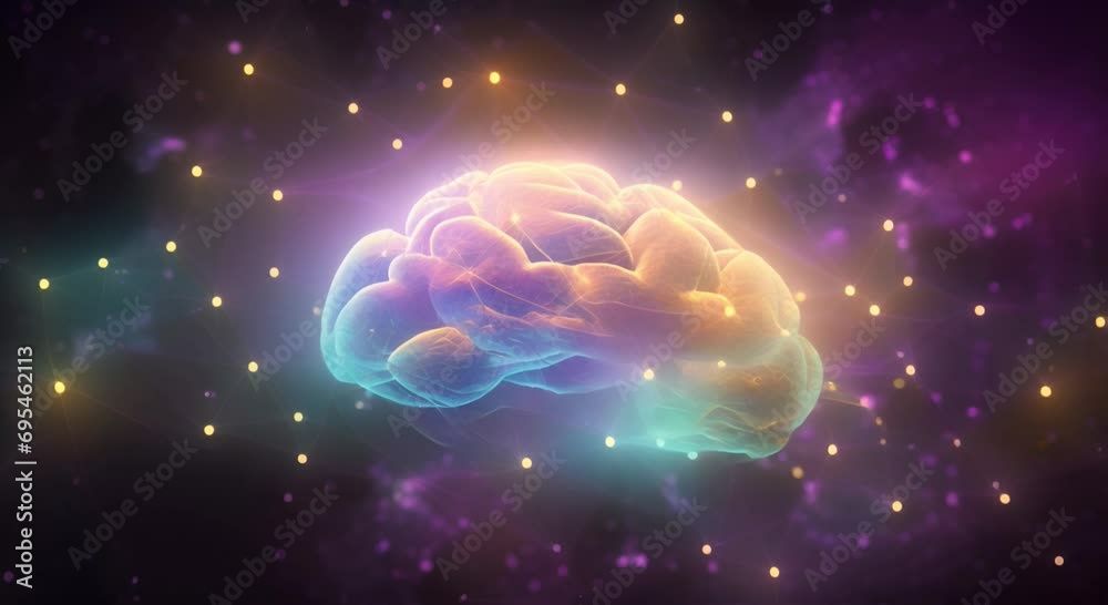 A conceptual video of a brain with neural connections against a cosmic backdrop, symbolizing artificial intelligence and cognitive processes. The concept of neural networks and artificial intelligence