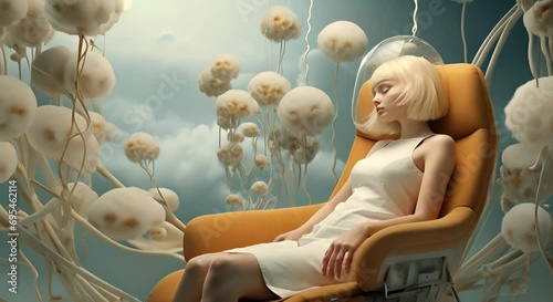 A surreal video of a woman in a chair with closed eyes, surrounded by fluffy cloud-like jellyfish in the sky. The concept of psychotherapy photo
