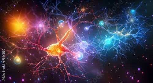A video of neurons with bright flashes, conveying the dynamics of the nervous system against a starry sky. The concept of neural networks and artificial intelligence photo