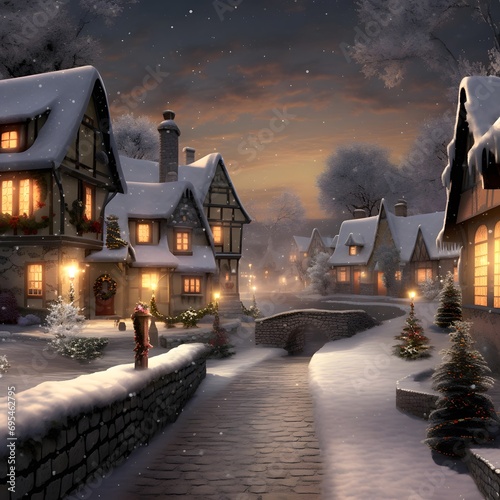 Winter night in the village with snow covered houses. Illustration.