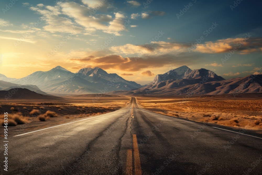  a road in the middle of a desert with a mountain range in the background and a sunset in the middle of the road with a few clouds in the sky.
