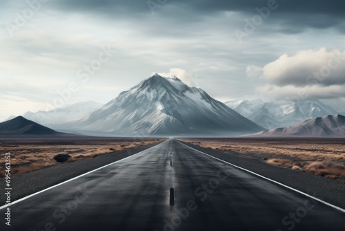  a long stretch of road in the middle of a desert with a mountain in the distance with clouds in the sky and a few clouds in the sky above it.