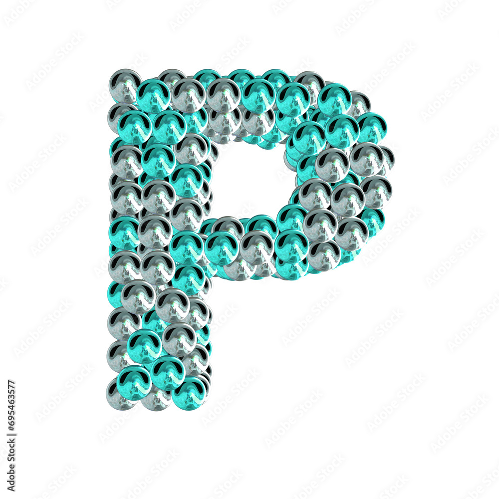 Symbol of turquoise and silver spheres. letter p Symbol of turquoise and silver spheres. letter p