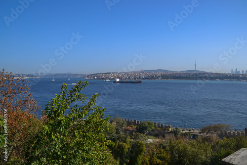 Ship sails past Topkapi Palace on the Bosphorus towards the Sea of Marmara with the Asia side of Turkey in the background.