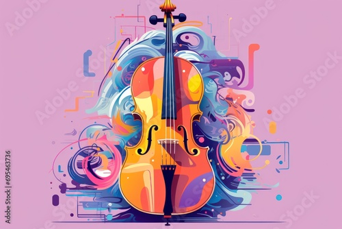  a colorful violin on a pink background with a splash of paint on the bottom half of the violin and the bottom half of the violin on the bottom half of the violin.