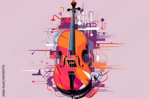  a violin sitting on top of a table next to a wall of music notes and a purple background with a red and orange violin on it's bottom corner.