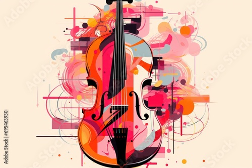  a colorful violin on a white background with a splash of paint and a swirly design on the back of the violin is shown in the center of the image.